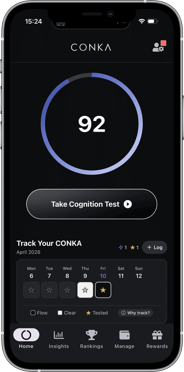 CONKA app showing cognitive performance score