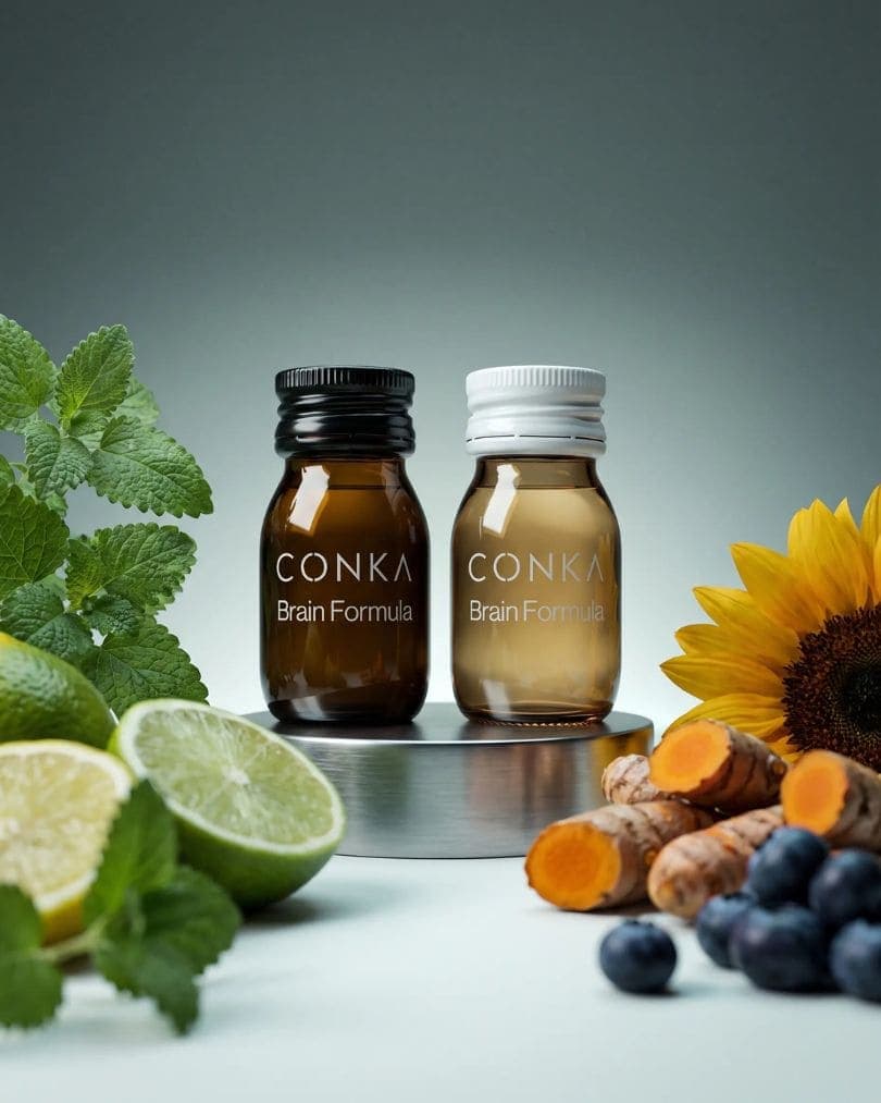 CONKA Flow and Clear shots on a steel plinth, surrounded by lemon balm, citrus, turmeric root, blueberries and sunflower
